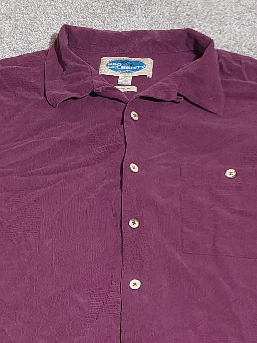 Pro Celebrity Luxury Silk textured floral camp shirt purple Size XL